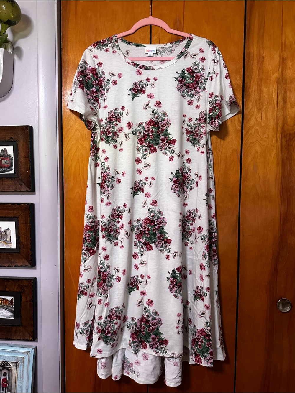 LuLaRoe Cream Swing Dress with Pink Floral & Green Leaf Print